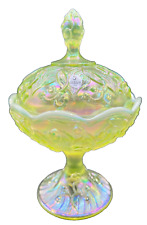 Fenton Lily of the Valley Topaz Opalescent Vaseline Glass Tall Footed Candy Box picture