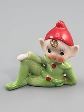 Vintage Napco Elf Pixie Figurine Reclining Green Red Hat Japan Mid Century picture