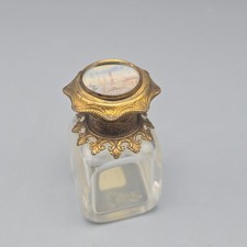 Antique French Gilt Brass Mounted Glass Perfume Bottle with Hinged Lid Scenic picture
