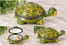 Green Turtle Tortoise Porcelain Hinged Trinket Box With Miniature Egg Figurine picture