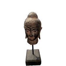 Vintage Cast Metal Buddha Head Sculpture Mounted On Dark Wooden Display Stand picture