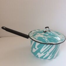 Vintage Turquoise Aqua Swirl Enamelware Graniteware Pan With Cover Rare  picture