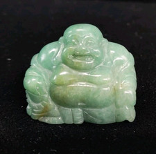 Miniature Seated Budai Laughing Buddha Green Stone Carving Mottled 1.5 Inch picture