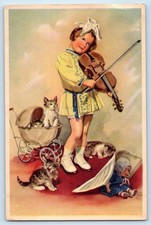 c1910's Child Girl Playing Violin Doll Toy Cat Kittens Stroller Antique Postcard picture