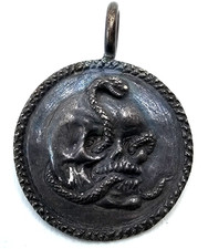 Ancient Victorian Memento Mori SILVER SKULL Snake Skeleton Pendant Necklace Rare picture