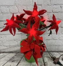 Vintage 1950s 1960s Chenille Poinsettia Christmas Lighted Plant Red Bulbs Rare picture