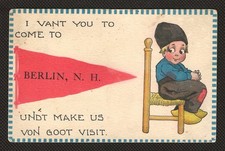Berlin NH New Hampshire Dutch Comic Pennant Vintage Postcard 1913 picture