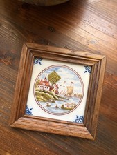 Vintage Dutch Delft Makkum Tile In Wood Frame Wall Hanging Dutch Tile picture