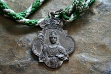 Antique 1920's  Saint Benedict The Abbot Large Rare Spanish Medal on Silk Cord picture