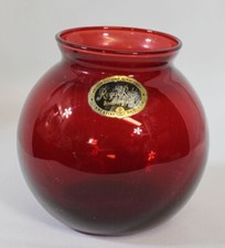 Vtg Royal Ruby Anchor Hocking Vase Round Red Glass With Paper Label 4