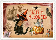 Postcard Glitter Tausendschoen Happy Halloween Pumpkin Black Cat Violin Witch picture