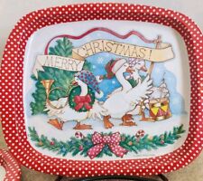 Set Of 2 Small Jasco Red Marching Band Christmas Geese Snack Trays Metal Tin   picture