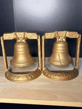 Cast Metal Liberty Bell Book Ends Gold Brass Tone Finish Vintage 7” picture