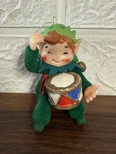 Vintage Christmas Green Felt Flocked Pixie Elf Drummer Boy Japan picture