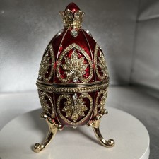 RED & GOLD FABERGE EGG CLOCK TRINKET BOX BY KEREN KOPAL, AUSTRIAN CRYSTAL, RARE picture