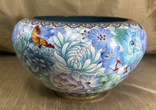 Vintage Chinese Cloisonné Floral Bowl Blue Interior Handmade Decorative 10” x 6” picture