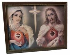 Sacred Flaming Heart Of Jesus & Mary Wood Glass Framed 10x13” Christian Wall Art picture