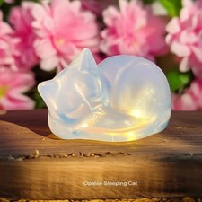 Natural Opalite Sleeping Cat Hand Carved Quartz Crystal Healing Home Decor Gift picture