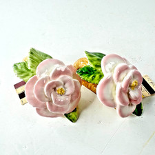 VTG PIA 1986 Bone China Pink Camellia Blossom Napkin Rings Set of 2 Hand-Painted picture