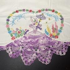 Vintage Southern Belle Embroidered Pillowcases Purple Crochet Lace Trim Pair picture