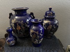Japanese Art Cobalt Blue Vase with Peacock and Floral Design Decorative 4 Piece picture