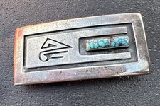 VINTAGE SOUTHWEST STERLING & Turquoise BELT BUCKLE INDAIN HANDMADE STERLING 35G picture