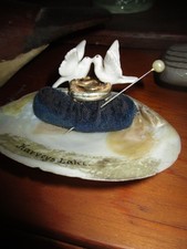 Antique Rare Harvey's Lake PA Souvenir Seashells Pin Cushion Rings Jewelry Dish picture