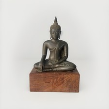 Antique Southeast Asian Bronze Seated Buddha Figure on Wooden Base picture