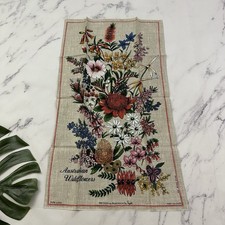 Vintage 70s Australian Wildflowers Linen Tea Towel New Red Pink Floral Souvenir picture