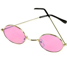 Groovy Hippie Funky Novelty ROUND COSTUME GLASSES Retro Lennon Gold Frames-PINK picture