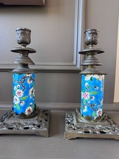 Antique Emaux de Longwy Blue Floral Candlestick Holders – Pair picture