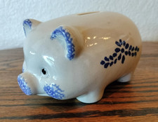 Vintage Blue Spongeware Ceramic Stoneware Piggy Bank / Coin Bank picture