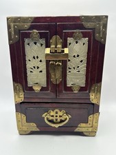 Vintage Oriental Chinese Rosewood/Brass w Carved Jade Inlay Jewelry Box W/ Lock picture