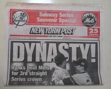 New York Post  October 27, 2000 Dynasty Yanks Beat Mets in 3rd straight Crown picture