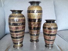 VTG 3 Pc 60's Art Deco Vases Heavy Ribbed Metal Copper & Brass India 10
