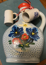 Vintage Austria SCHROFFEN  ENZIAN sealed Liquor Bottle Blue Floral W 2 Mini Mugs picture