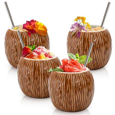 ZENFUN 4 Pack Ceramic Tiki Mugs, 17 oz Coconut Mug, Hawaiian Party Brown picture