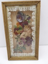 Vintage Victorian Paper Scrap Cherub Pansy Shadow Box Framed Art Paper Lace  picture