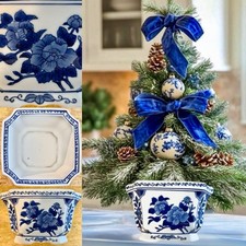 VTG French Blue White Ornate Scroll Chinoiserie Octagon Footed Cachepot Planter picture