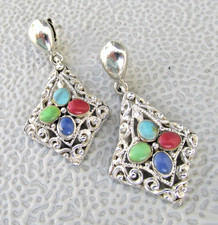 VTG Sterling Silver Southwestern Turquoise Coral Lapis Malachite Dangle Earrings picture