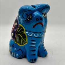 Blue Mexican Folk Art Ceramic Piggy Bank Hand Painted Cancun Floral Pottery picture
