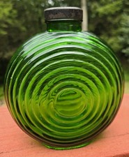 Vintage Owens-Illinois Green Glass Water Bottle, Concentric Circles 1930's picture