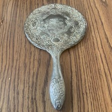 Vtg Detailed Flower Vanity Silver Tone Hand Mirror Antique Design Beauty Old picture