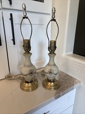 Vintage Lamps Satin Glass Brass Pair Raised Flowers Gold Accent Table Bedside picture
