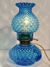 Vtg Fenton Colonial Blue Hobnail Ruffle Top Table Lamp 9” picture