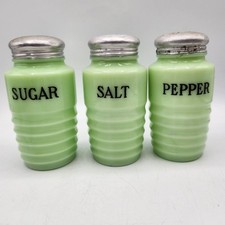 Vintage Jeannette Glass Jadeite Beehive Sugar, Salt & Pepper Shakers Lot Of 3 picture