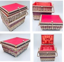 Vintage Large 3 Piece Red Woven Sewing Basket Top Box Compartment Removeable picture