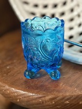 Vintage Blue Glass Inverted Strawberry Footed Toothpick Holder picture