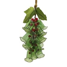 Vintage Green Glass Bells Holly Berry Mistletoe Hanging Christmas Decoration 9” picture
