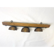 Vtg Antique Brass Carriage Sleigh Bells Triple Clapper on Metal Strap & Wood picture